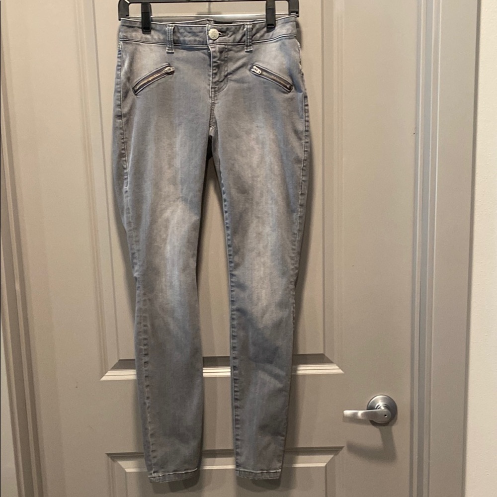 CAbi Gray Moto Skinny Jeans Zip Pocket Stretch Denim Size 4